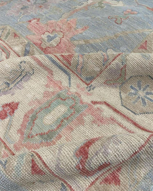 Hand Knotted Blue Oushak Wool Rug 5x8, 6x9, 8x10, 9x12  Floral Handmade Rugs for for Living Room & Bedroom - Antique Style Contemporary Rug