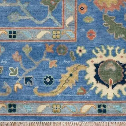 Hand Knotted Wool Rug | Sky Blue Oushak Area Carpet | Traditional Oriental Floral Design | Living Room Home Decor | Vintage Boho Style Rug