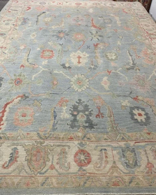 Hand Knotted Blue Oushak Wool Rug 5x8, 6x9, 8x10, 9x12  Floral Handmade Rugs for for Living Room & Bedroom - Antique Style Contemporary Rug