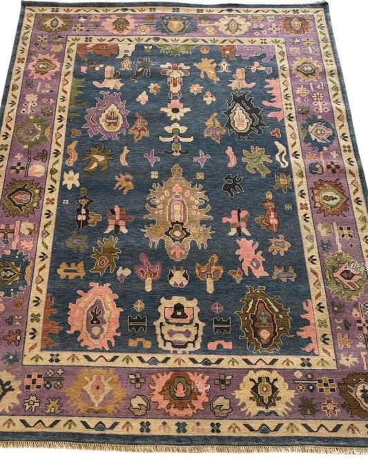9x12 ft Blue - Lavender Hand Knotted Oushak Rug  Vintage Style Handmade Ethnic Rug | Elegant Boho Floral Rug for Living Room & Bedroom