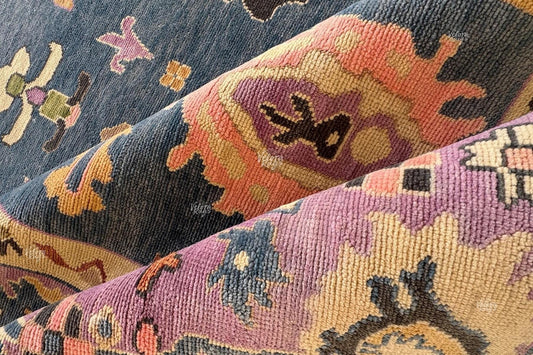 9x12 ft Blue - Lavender Hand Knotted Oushak Rug  Vintage Style Handmade Ethnic Rug | Elegant Boho Floral Rug for Living Room & Bedroom
