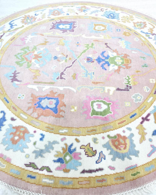 Pink Round Oushak Rug 5' 6' 7' 8' 9' 10' Diameter - Hand Knotted Wool Oushak Style Rug For Living Room, Dining & Kitchen Area