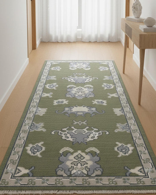 Olive Green Oushak Rug  Hand-Knotted Turkish Wool Carpet with Organic Dye | Traditional Vintage Style Area Rug | Custom Sizes