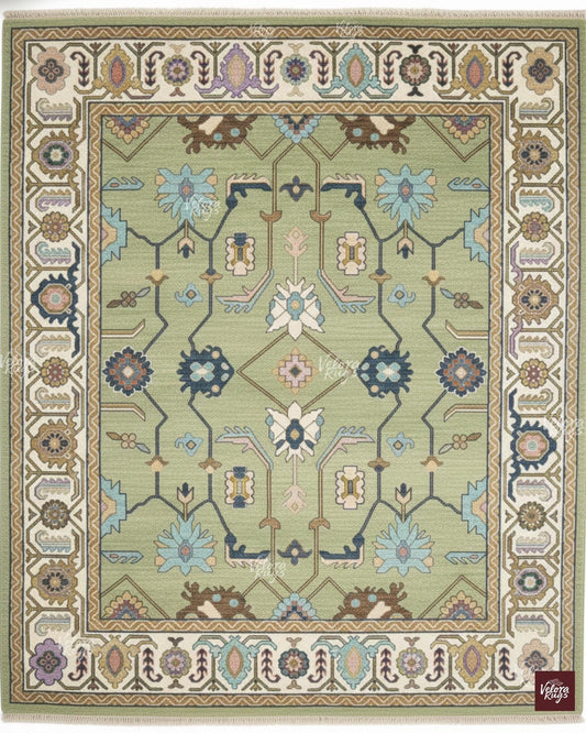 Sage Green Oushak Hand-Knotted Wool Rug  Antique Turkish Floral Carpet, Vintage Style Area Rug for Living Room & Bedroom, Custom Sizes