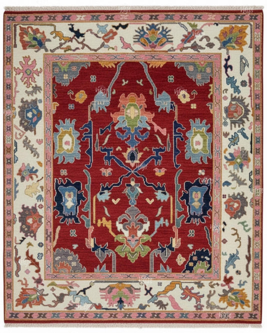 Luxurious Red Oushak style Hand Knotted Rug 4x6, 5x8, 6x9, 8x10, 9x12, 10x14 ft Contemporary Handmade Rugs for Living Room & Bedroom