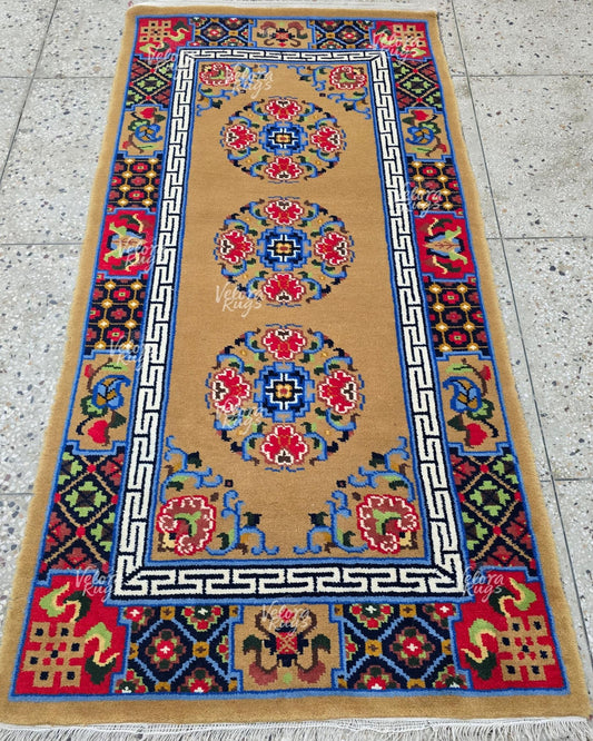 Elegant Camel Brown Hand-Knotted Wool Rug | Traditional Floral Medallion Carpet | Antique Style Area Runner | Custom Size Rug