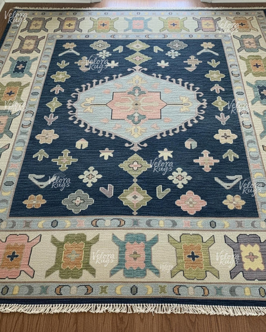 Blue Oushak style Hand Knotted Rug 4x6, 5x8, 6x9, 8x10, 9x12, 10x14 ft Contemporary Handmade Rugs for Living Room, Bedroom & Hall