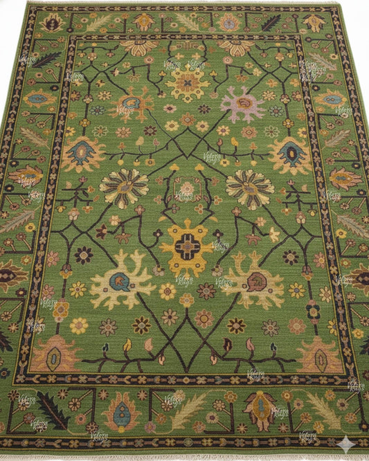 Green Indo Oushak Hand Knotted Rug, Antique style Handmade Wool Rugs for Living Room - Contemporary Floor Carpet