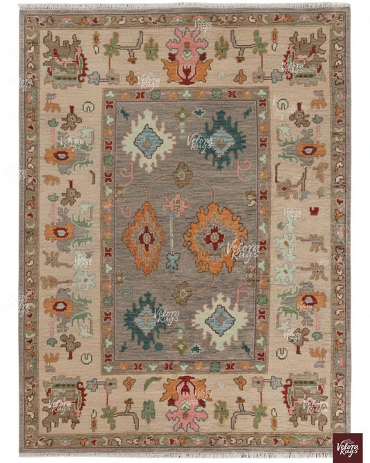 Beige Grey Hand Knotted Oushak Rug, Oriental Soft Wool Living Area Rug, Handmade Soft Pastel Traditional Rug, Custom Size Available