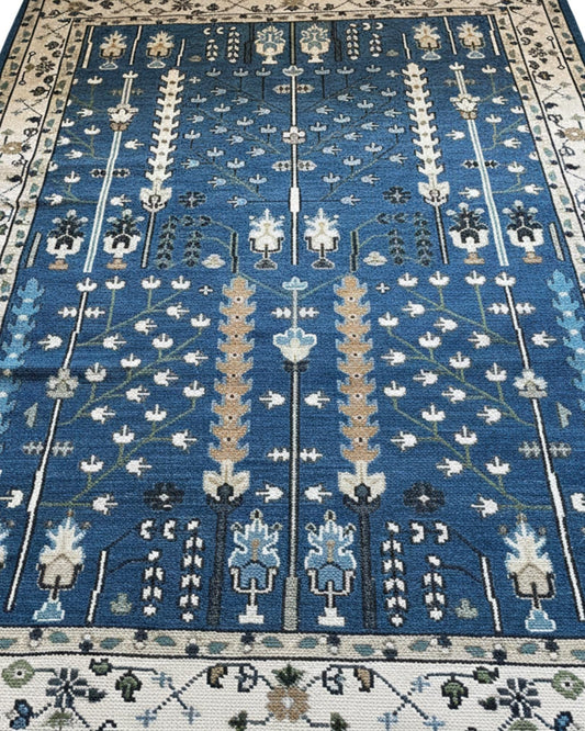 Blue Hand-Knotted Oushak Rug  Turkish Wool Area Carpet with Floral Motifs | Antique style Contemporary rug | Custom Sizes