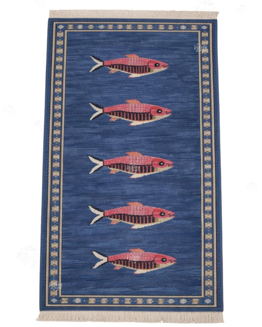 Fish Pattern Hand Knotted Runner Rug | Blue Nautical Wool Rug for Kitchen & Hallway | Coastal Handmade Carpet