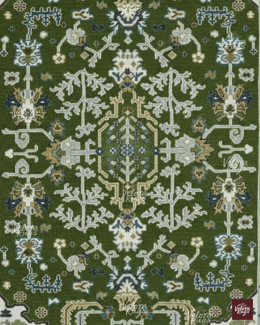 Luxurious Green Hand-Knotted Oushak Rug- Antique Style Contemporary Design, Available in 4x6, 5x8, 8x10, 9x12, 10x14 ft | Living Room Rug