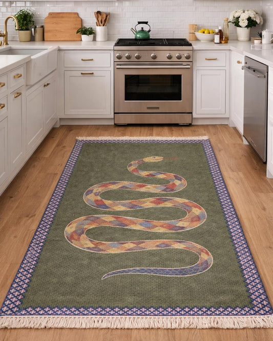 Hand Knotted Snake Rug, Modern Tribal Serpent Design, Wool Area Rug, Green Statement Rug, Artisan Handmade Carpet