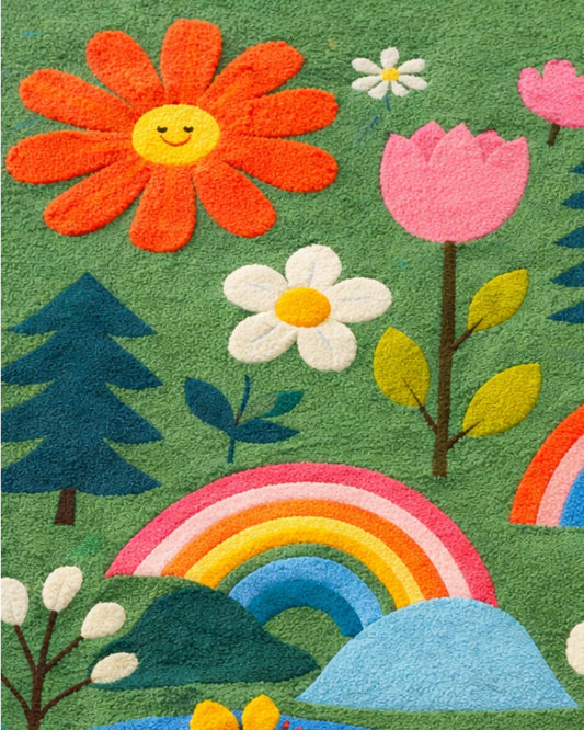Hand Tufted Wool Kids Area Rug, Colorful Nature Rainbow Floral Design, Modern Green Nursery Carpet, Soft Handmade Playroom Rug, Custom Size