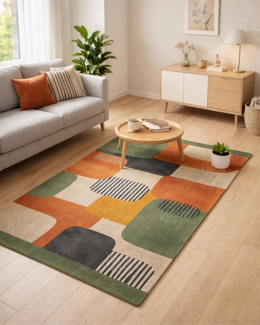 Hand Tufted Modern Abstract Rug, Mid Century Geometric Area Rug, Olive Green Orange Mustard Carpet, Contemporary Living Room Wool Rug